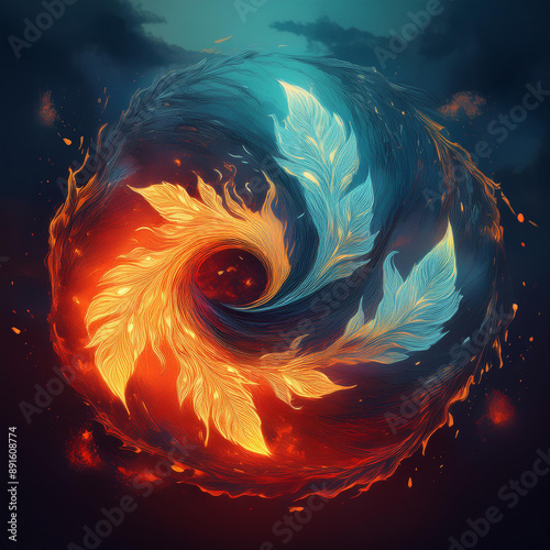 spiral with fiery and icy feathers. Generative Ai