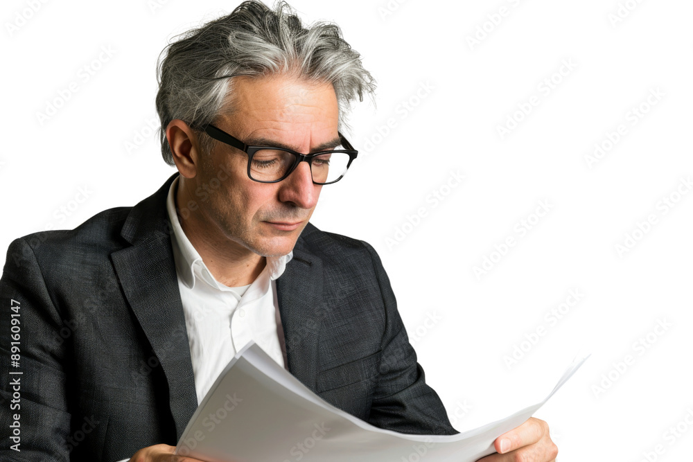 Grey-haired executive checking document, isolated on white background Grey-haired executive checking document, isolated on white background