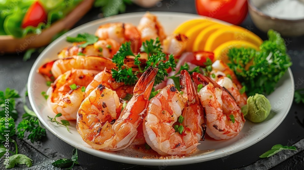 Delicious grilled shrimp garnished with fresh herbs and served with vibrant vegetables, perfect for a gourmet seafood meal. Delicious grilled shrimp garnished with fresh herbs and served with vibrant vegetables, perfect for a gourmet seafood meal.