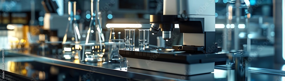 3D Illustration of a Modern Laboratory Microscope with Test Tubes and Flasks 3D Illustration of a Modern Laboratory Microscope with Test Tubes and Flasks