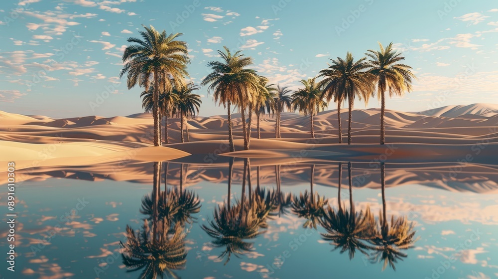 Fototapeta premium Oasis with palm trees reflecting in water surrounded by desert dunes