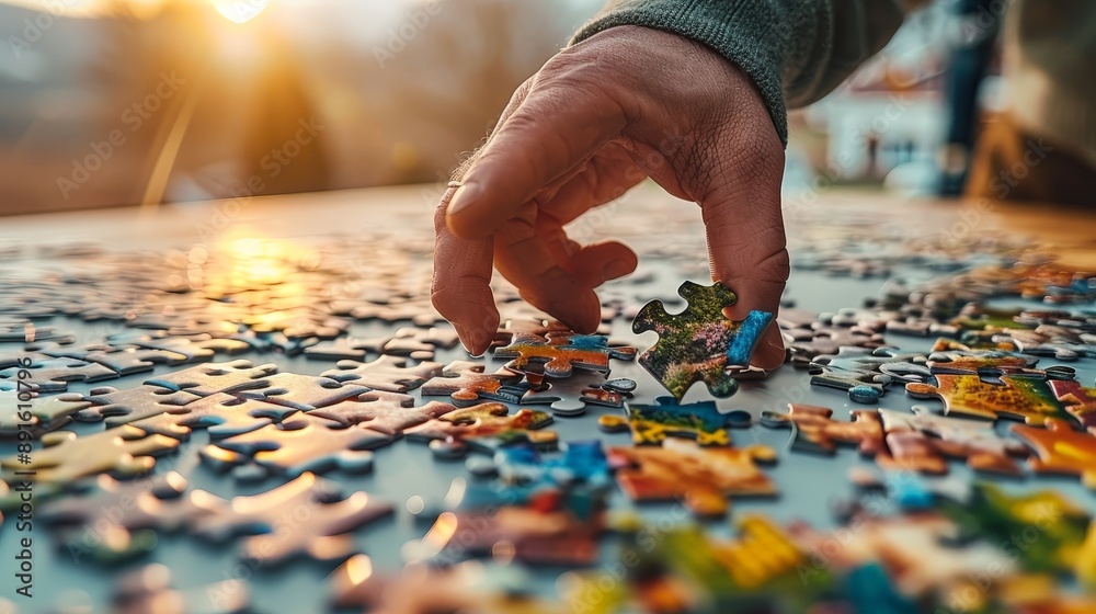 Assembling a jigsaw puzzle on a large table with a mountain view Assembling a jigsaw puzzle on a large table with a mountain view
