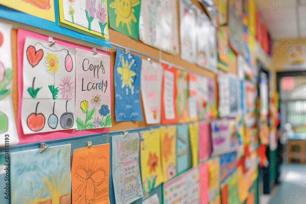 Obraz premium A bulletin board in a classroom, filled with colorful student artwork and welcome messages. 