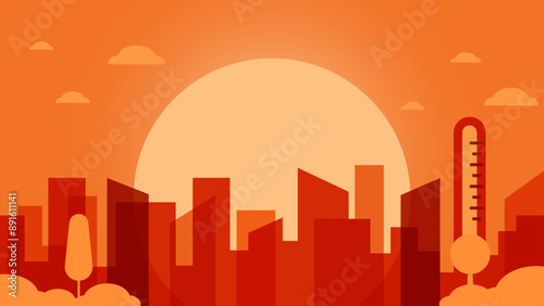 Urban skyline Heatwave. Rising Temperatures in the Concrete building. Vector illustration