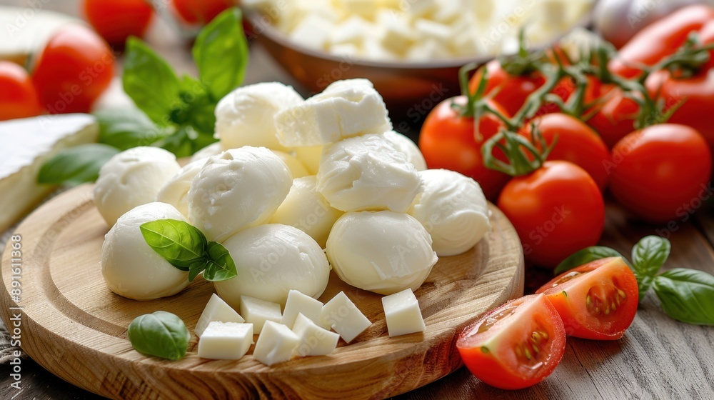 Mozzarella cheese, ball and slices, Mozzarella cheese, ball and slices,