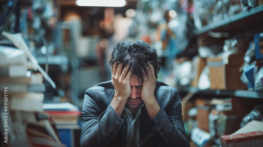Individual experiencing anxiety and overwhelm, with emotions like worry, stress, and confusion, set in busy cluttered urban environments Individual experiencing anxiety and overwhelm, with emotions like worry, stress, and confusion, set in busy cluttered urban environments
