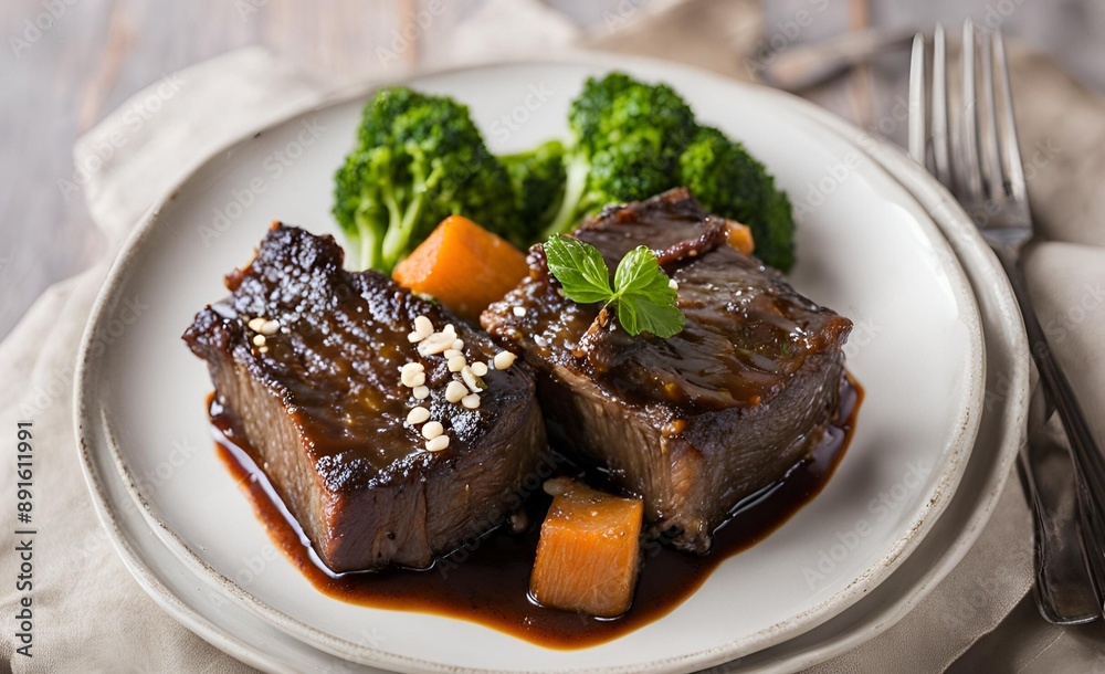 Luxurious and delicious meal featuring braised short ribs in a rich red wine sauce paired with tender steamed carrots and broccoli for a balanced, sophisticated dining experience. Luxurious and delicious meal featuring braised short ribs in a rich red wine sauce paired with tender steamed carrots and broccoli for a balanced, sophisticated dining experience.