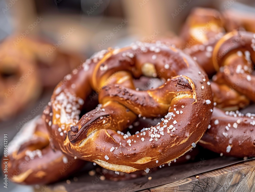 Bavarian delicious freshly baked and freshly prepared homemade soft pretzels on blur background. Bavarian delicious freshly baked and freshly prepared homemade soft pretzels on blur background.
