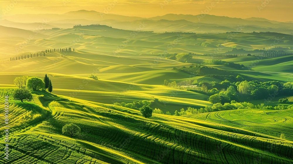 Naklejka premium Rolling Green Hills at Sunrise in Tuscany, Italy