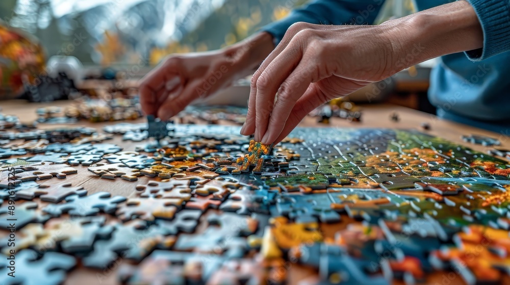 Assembling a jigsaw puzzle on a large table with a mountain view Assembling a jigsaw puzzle on a large table with a mountain view