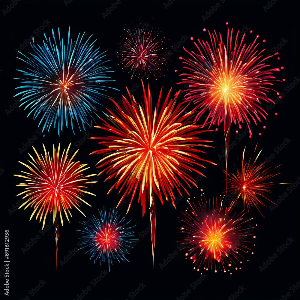 Fototapeta premium set of isolated vector fireworks on black background, celebration explosion sticker, cute fantasy dreamy illustration wallpaper