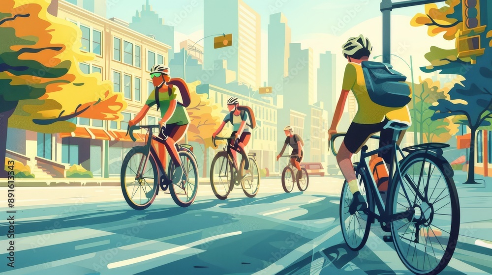 Fototapeta premium Digital illustration of cyclists navigating urban pathways and streets, emphasizing the convenience and eco-friendly aspects of biking in the city