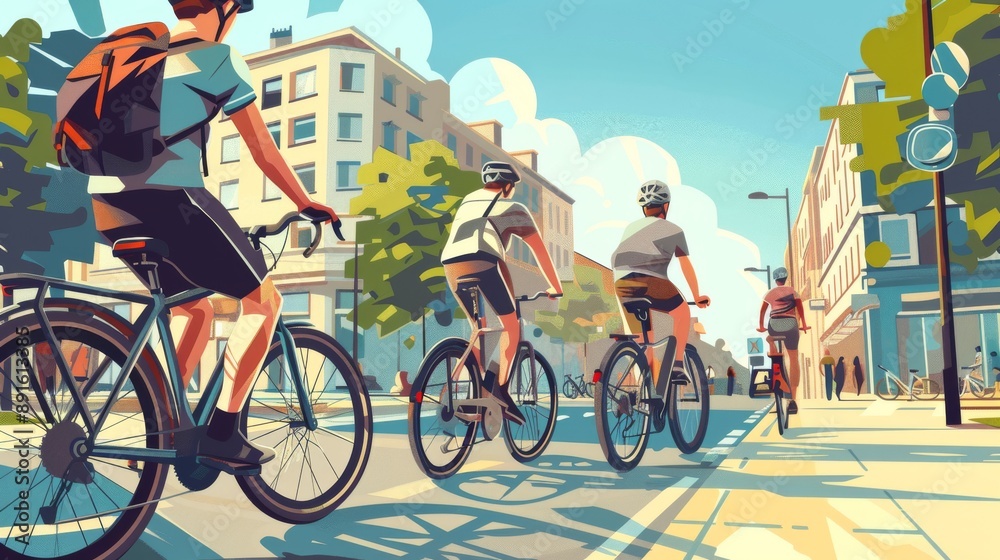 Fototapeta premium Digital illustration of cyclists navigating urban pathways and streets, emphasizing the convenience and eco-friendly aspects of biking in the city