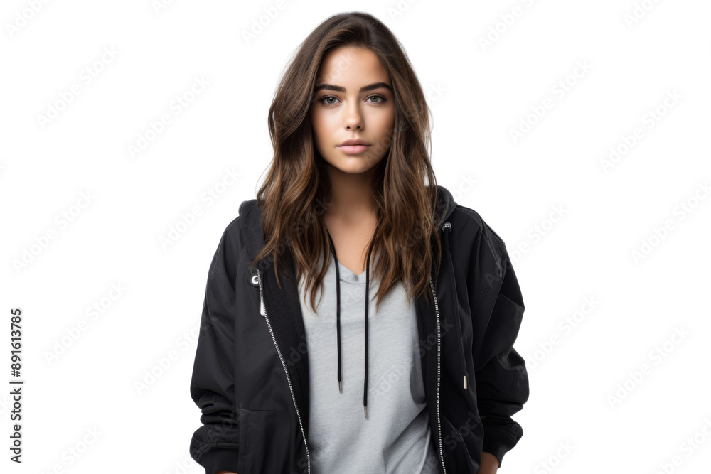 Fashionable girl in urban clothing looking confidently at the camera Isolated on white background Fashionable girl in urban clothing looking confidently at the camera Isolated on white background