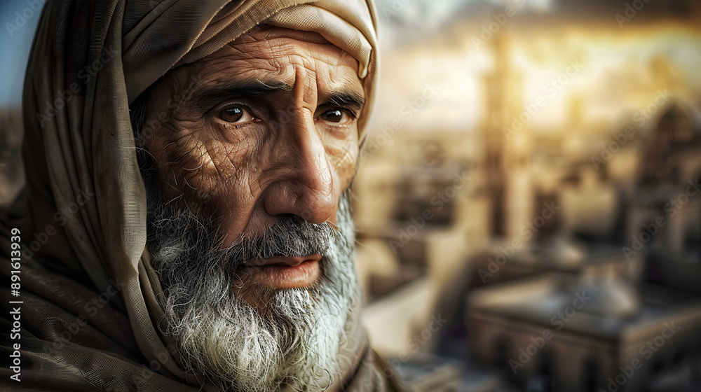 A prophet of God with blurred background of an ancient city A prophet of God with blurred background of an ancient city