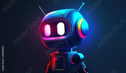 A cute robot with glowing neon eyes, simple background, colorful cartoon style, 3D rendering