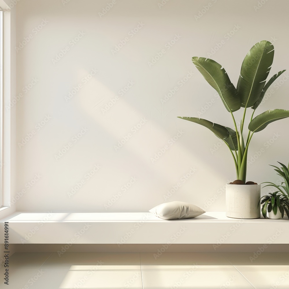 White empty wall with a window sill and potted plant, a minimalist interior design of a modern living room White empty wall with a window sill and potted plant, a minimalist interior design of a modern living room