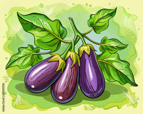  illustration Vector of fresh eggplants on a branch with leaves, isolated white background, hand drawn vegetabes and fruit cartoon photo