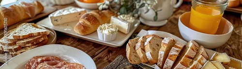 A cozy breakfast spread on a wooden table with bread, cheese, orange juice, and pastries, perfect for starting the day with a delicious meal.