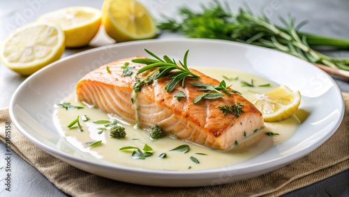 Creamy garlic Tuscan salmon with herbs and lemon sauce on white plate, salmon, creamy, delicious, flavorful, seafood