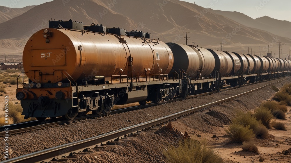 Naklejka premium A freight train is traveling along the railway in a desert landscape