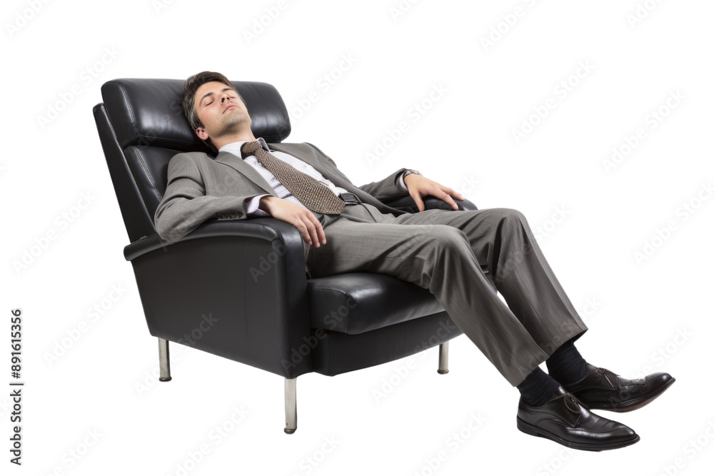 Exhausted businessman napping on office chair isolated on white background Exhausted businessman napping on office chair isolated on white background