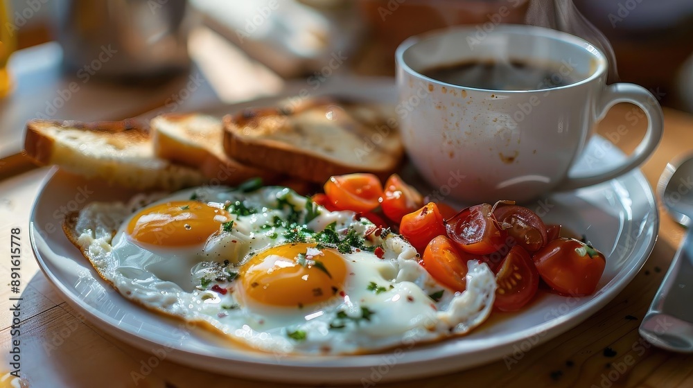 Delicious breakfast of sunny side up eggs, tomatoes, toast and coffee served on a white plate, perfect for a morning meal or brunch. Delicious breakfast of sunny side up eggs, tomatoes, toast and coffee served on a white plate, perfect for a morning meal or brunch.