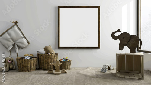 Minimalist interior with toys and blank picture frame photo