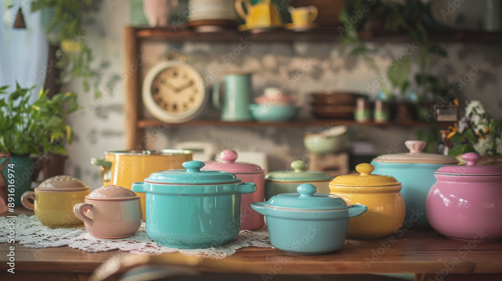 A cozy kitchen scene with a wooden table displaying colorful ceramic cookware in teal, pink, and mustard colors. The table is decorated with a lace cloth. Background features potted plants A cozy kitchen scene with a wooden table displaying colorful ceramic cookware in teal, pink, and mustard colors. The table is decorated with a lace cloth. Background features potted plants