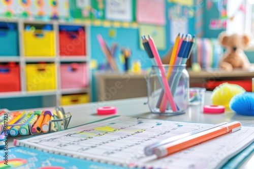 A classroom calendar marking the first day of school with fun stickers and decorations. 