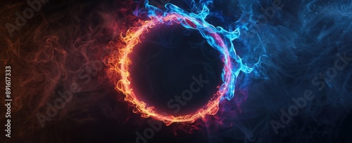 abstract glowing ring frame with blue and red flames on a black background vector illustration
