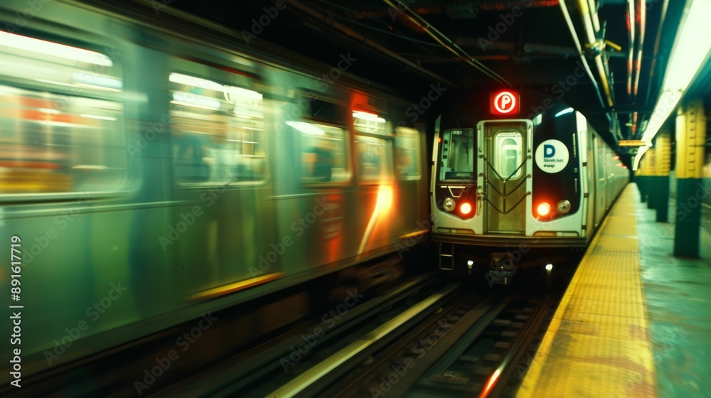 Naklejka premium 3d train in motion in the subway at night