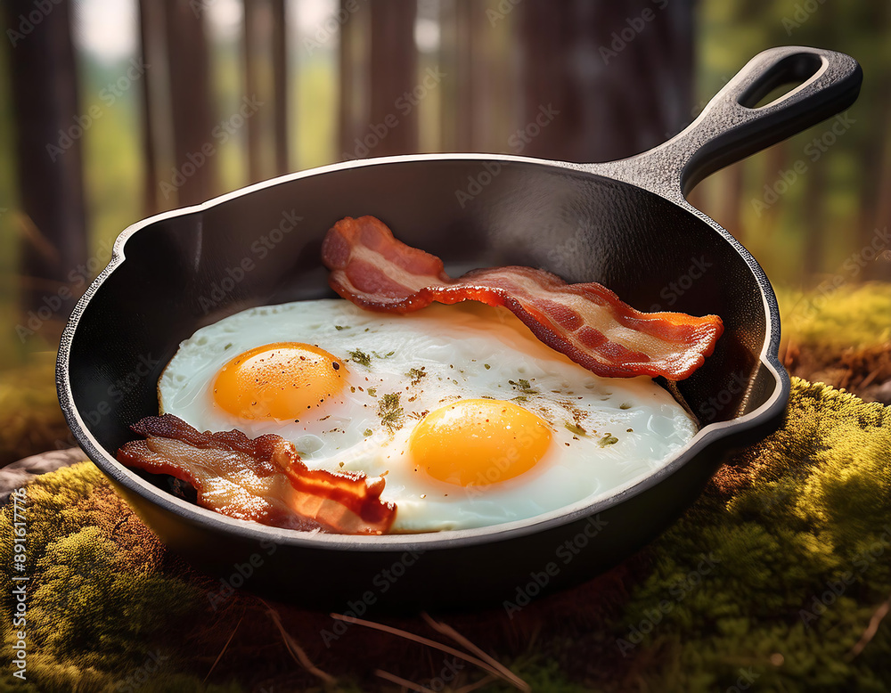 camping breakfast bacon eggs cast iron skillet set forest camping breakfast bacon eggs cast iron skillet set forest