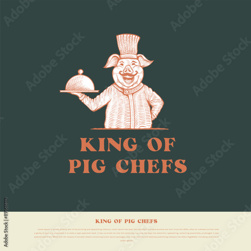 pig-headed chef mascot logo in engraving style