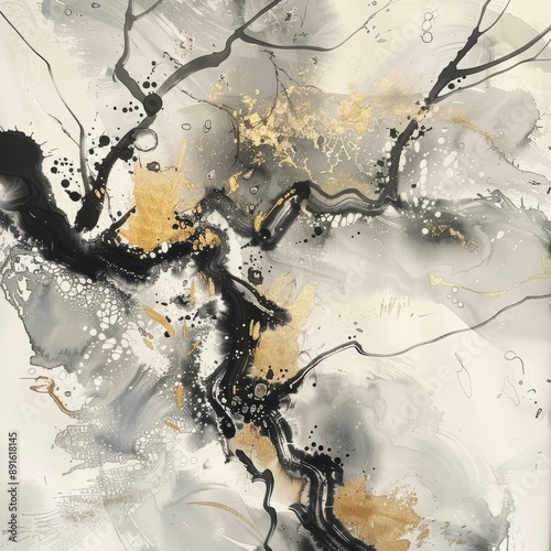 A close up of a modern abstract painting, featuring black ink strokes, splatters of gold paint, and a white background
