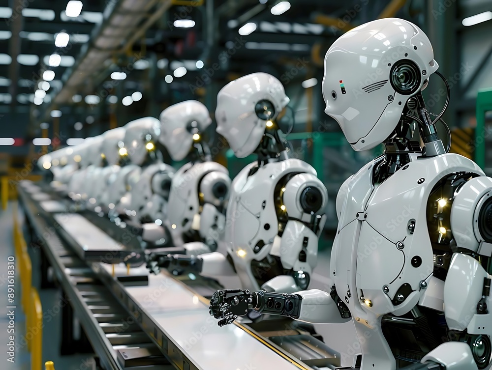 Industrial Robots Working on Assembly Line 3D Illustration Industrial Robots Working on Assembly Line 3D Illustration