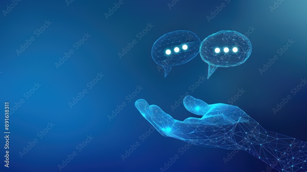 Low poly wireframe human hand holding two speech bubbles on dark blue background, abstract feedback concept, communication and digital interaction Low poly wireframe human hand holding two speech bubbles on dark blue background, abstract feedback concept, communication and digital interaction