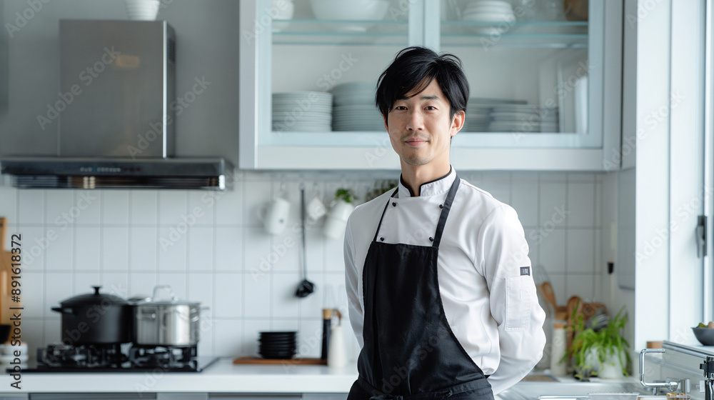 Smiling Asian chef standing in a modern kitchen Smiling Asian chef standing in a modern kitchen