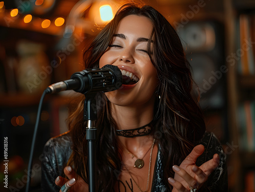 woman singing into microphone