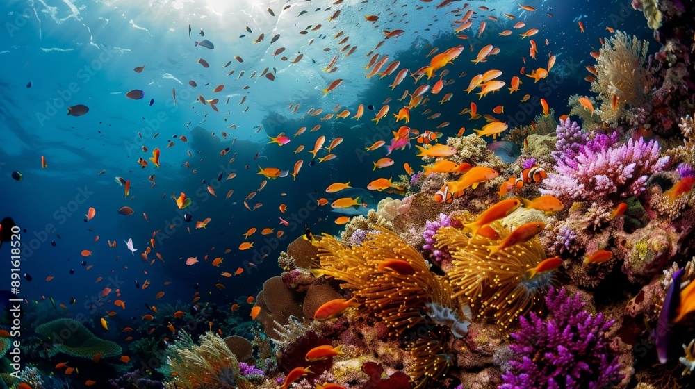 Naklejka premium Vibrant coral reef teeming with colorful fish and marine life