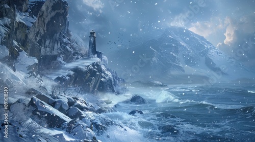 Winter Coastline with Lighthouse photo