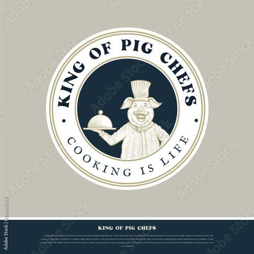 pig-headed chef mascot logo in engraving style