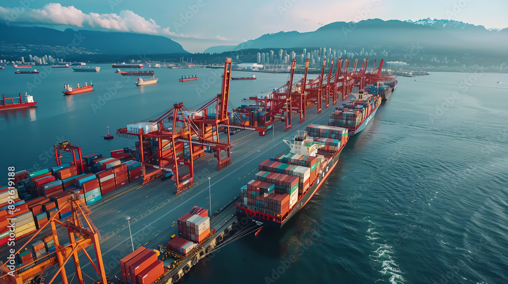 Fototapeta premium An aerial hyperlapse of a cargo terminal loading shipping containers onto cargo ships in Vancouver, BC, Canada, featuring a marine terminal and cargo cranes.