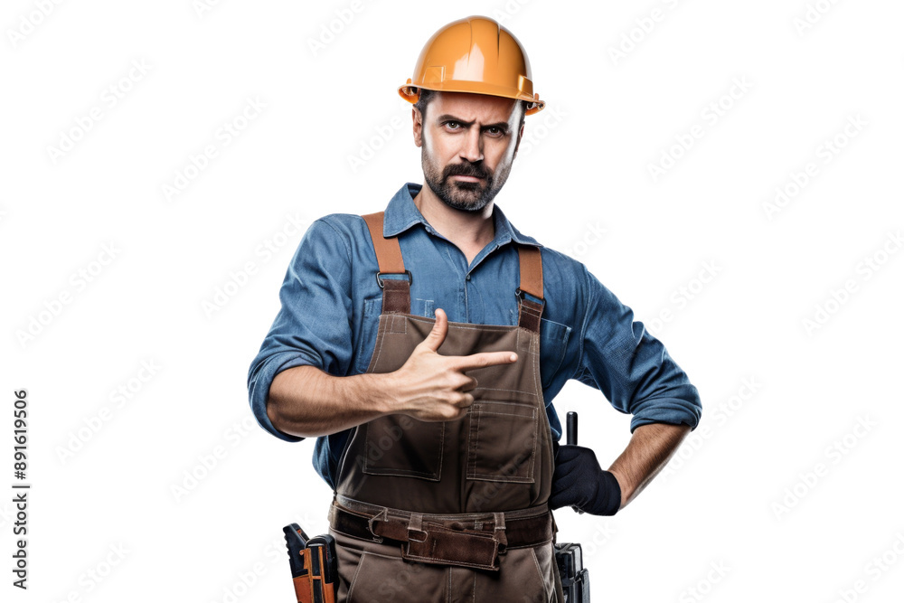 Construction worker with safety helmet and tool belt pointing at camera Isolated on white background Construction worker with safety helmet and tool belt pointing at camera Isolated on white background