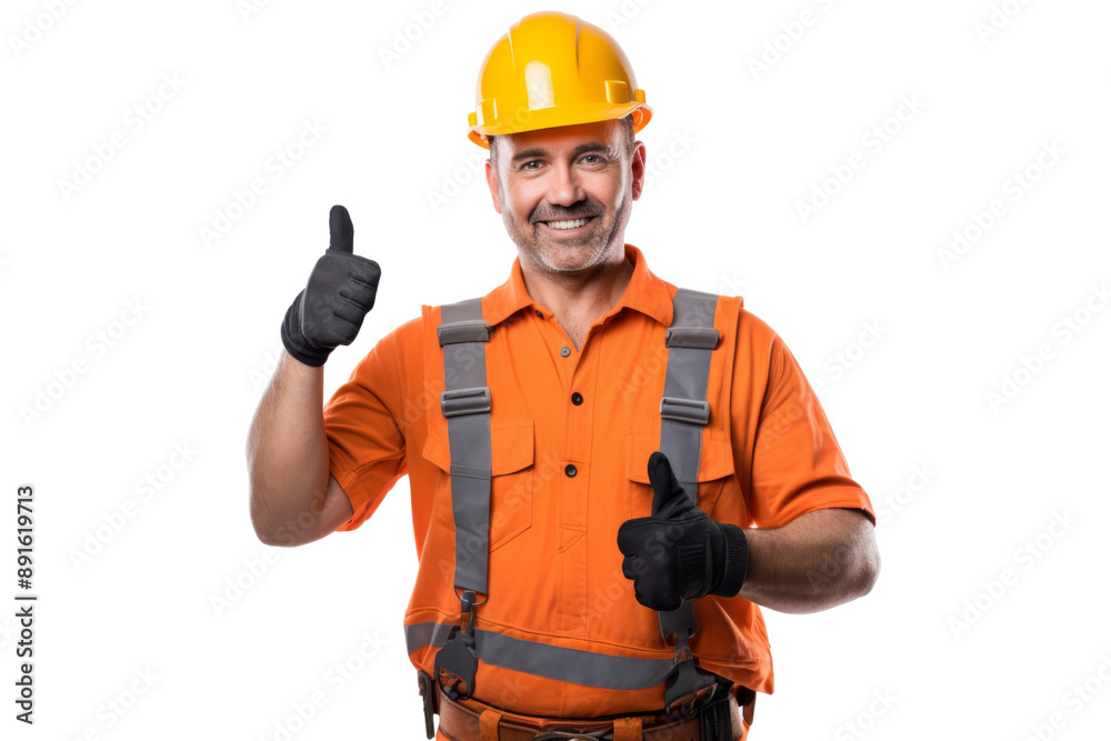 Construction worker with safety helmet and tool belt giving thumbs up Isolated on white background Construction worker with safety helmet and tool belt giving thumbs up Isolated on white background