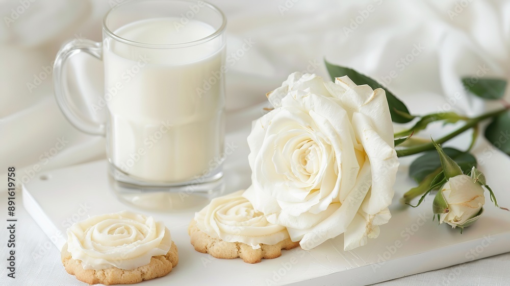 Artistic Arrangement of White Rose, Plate of Frosted Cookies, and Glass of Milk on a White Board, Creating a Delicate and Elegant Scene Artistic Arrangement of White Rose, Plate of Frosted Cookies, and Glass of Milk on a White Board, Creating a Delicate and Elegant Scene