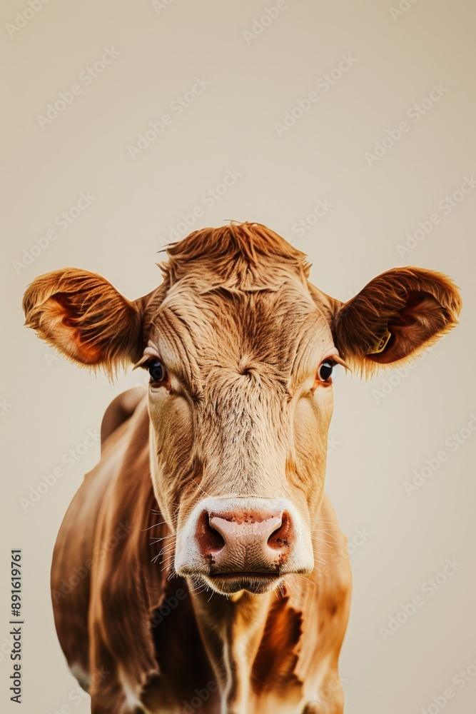 a close up of a dutch brown cow on a blank light beige background. a close up of a dutch brown cow on a blank light beige background.