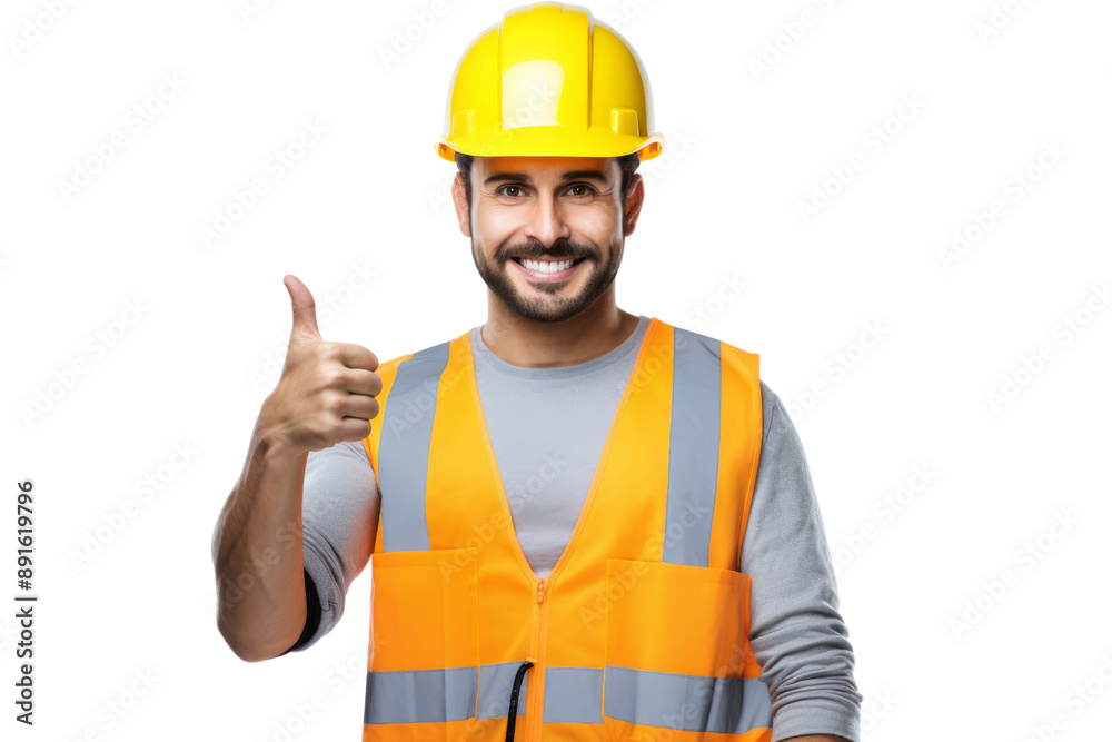 Construction worker with safety helmet and tool belt giving thumbs up Isolated on white background