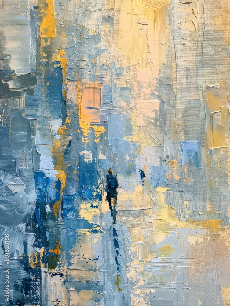 Fototapeta premium A single person walks down a street in a city, painted in abstract strokes of blue, yellow, and white