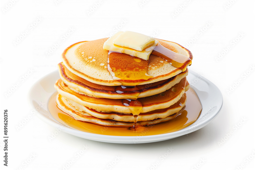 A stack of fluffy pancakes topped with a pat of butter and drizzled with golden maple syrup, served on a white plate. A stack of fluffy pancakes topped with a pat of butter and drizzled with golden maple syrup, served on a white plate.